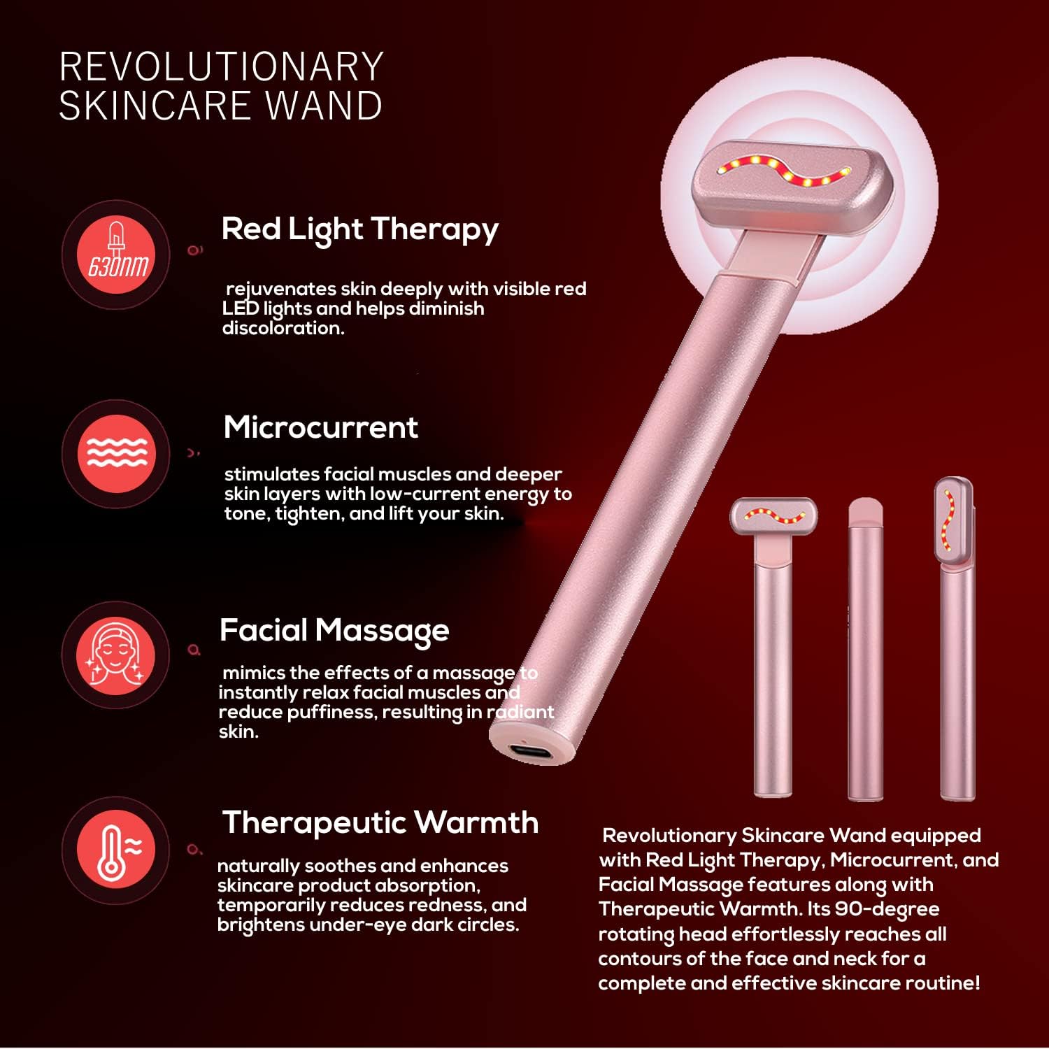 Rose gold 4-in-1 facial wand with red LED light, microcurrent, massage, and heat features on a dark red background.