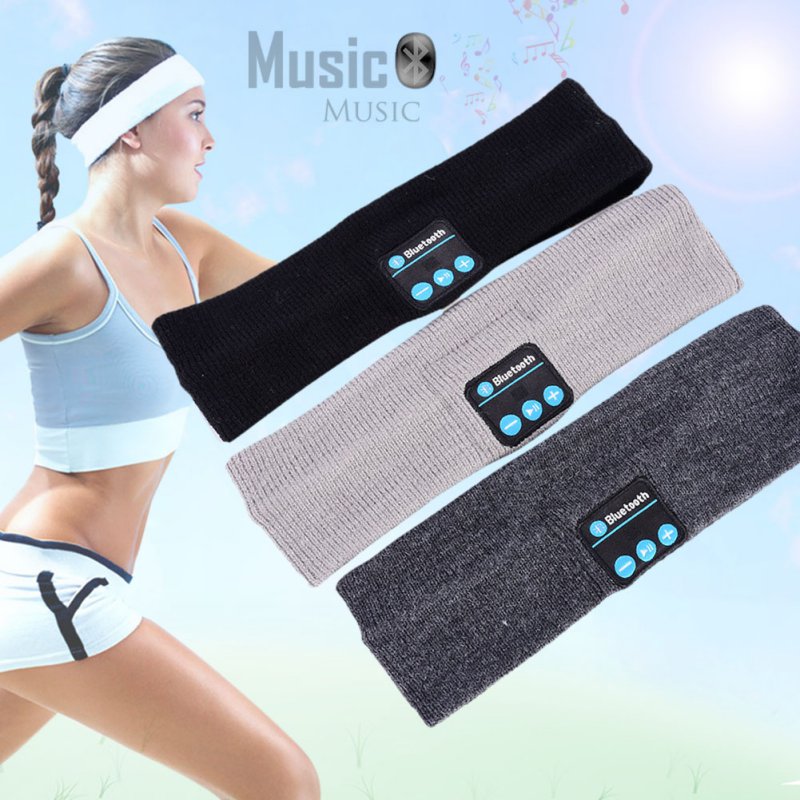 Three soft knit sports music headbands in black, grey, and charcoal, each featuring integrated Bluetooth controls.