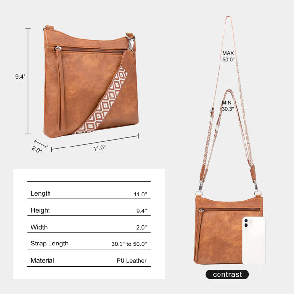 Small brown PU leather crossbody bag with an adjustable patterned strap and dimension specifications displayed.
