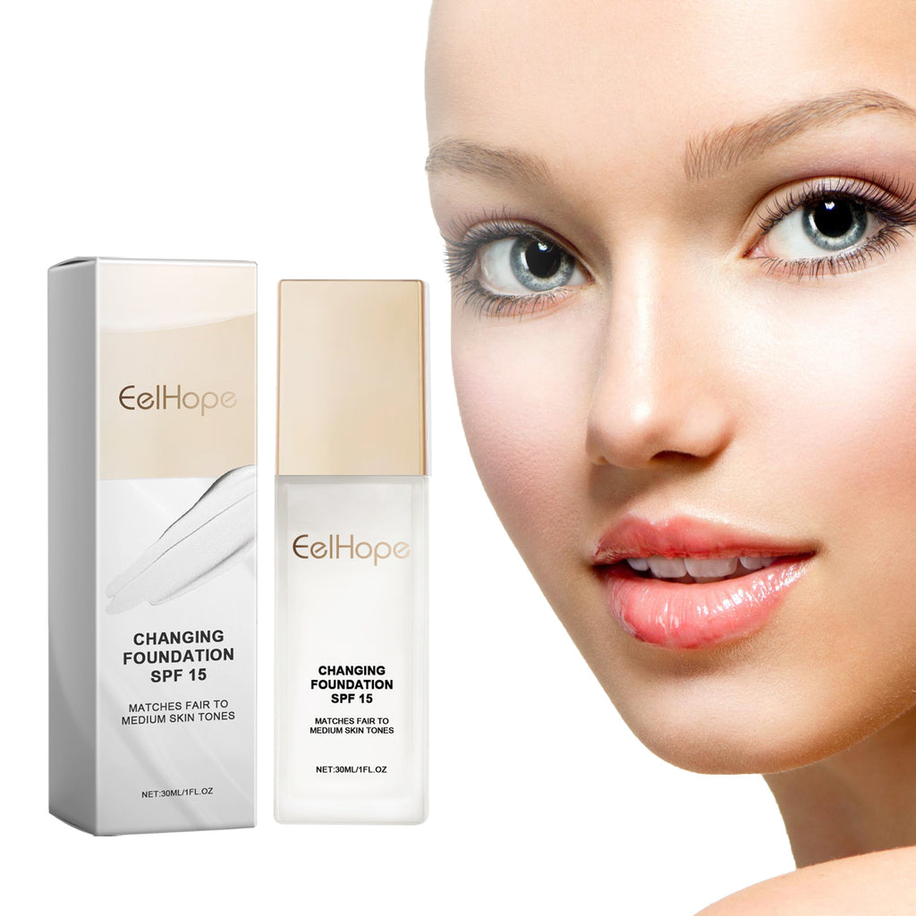 EelHope SPF 15 changing foundation bottle and box next to a woman’s face, demonstrating natural, moisturizing makeup.