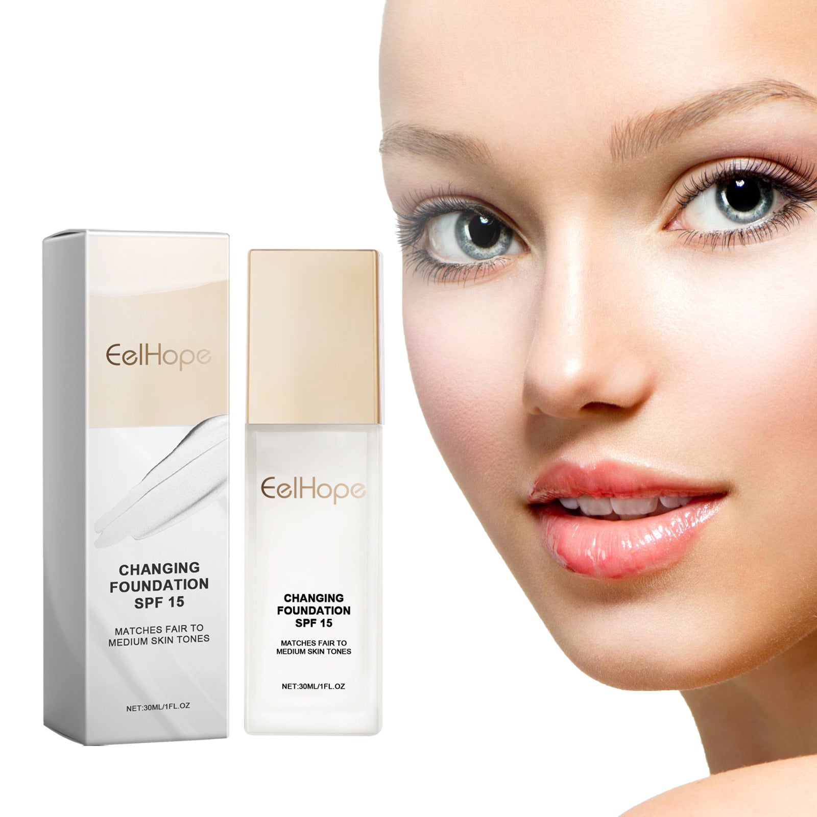 EelHope SPF 15 changing foundation bottle and box next to a woman’s face, demonstrating natural, moisturizing makeup.