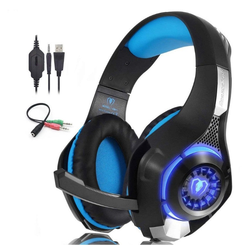 Black and blue Digitaldistribution375 gaming headphones with padded cushions, LED lighting, and wired connector cables.