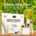 Aichun 5-piece rice skin care set with serum, toner, eye cream, face cream, and soap on a wooden background.
