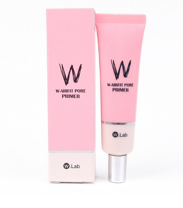 Pink W.Lab W-Airfit Pore Primer box and matching squeeze tube on a white background.