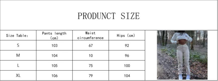 Size chart for women’s high-waisted beige cargo workwear pants with pockets, styled with a cropped long-sleeve top.