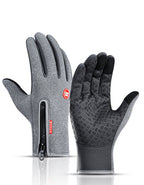 Grey waterproof winter gloves featuring a zippered wrist, fleece lining, and textured anti-slip palms for touchscreen.