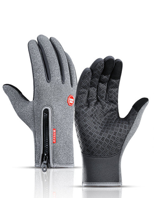 Grey waterproof winter gloves featuring a zippered wrist, fleece lining, and textured anti-slip palms for touchscreen.