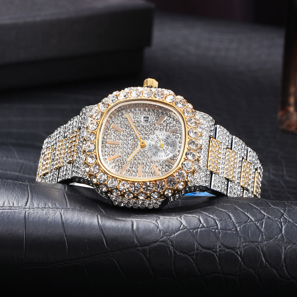 Men’s gold and silver-tone hip hop watch, fully encrusted with shimmering crystals and featuring a calendar subdial.