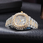 Men’s gold and silver-tone hip hop watch, fully encrusted with shimmering crystals and featuring a calendar subdial.
