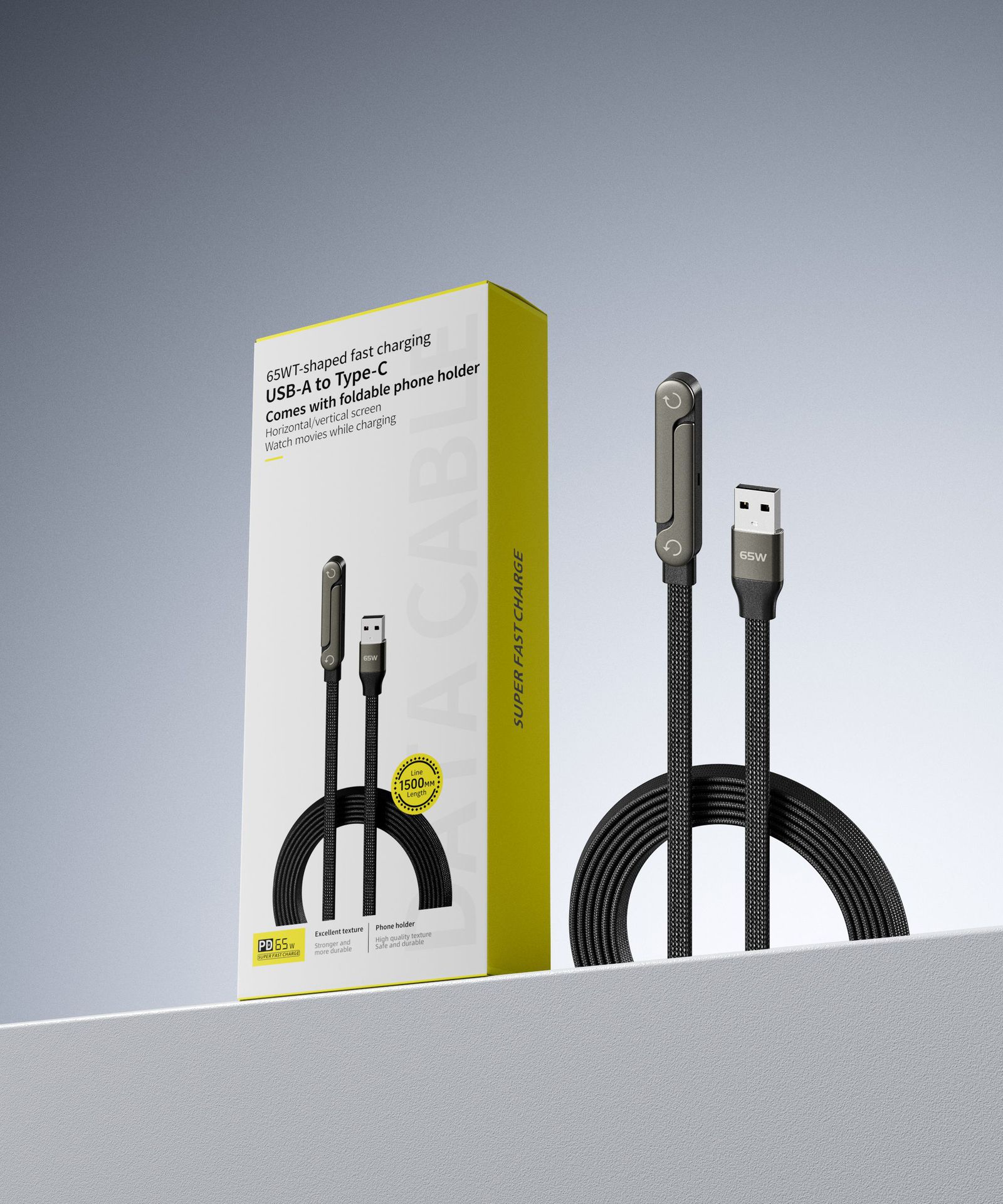 Black braided 65W fast-charging USB-A to Type-C cable with a built-in foldable phone stand, shown with product packaging.