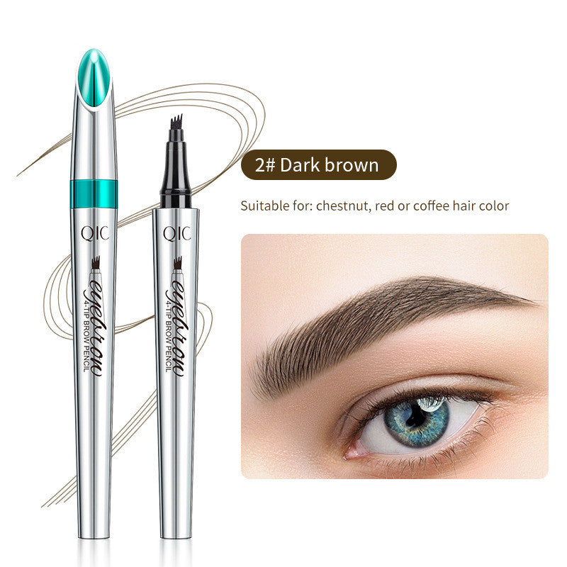 Silver QIC four-prong liquid eyebrow pencil in dark brown, showing applicator and a filled eyebrow result.