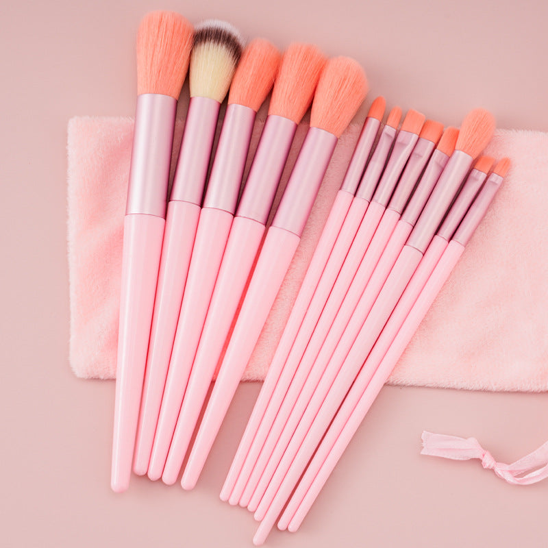 13-piece pink makeup brush set with coral bristles, metallic handles, and a matching plush storage pouch.
