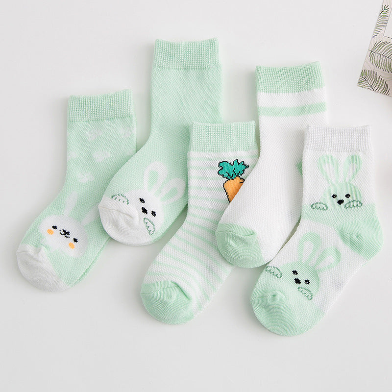 Five breathable cotton baby socks in mint green and white with cute bunny and carrot prints on a white background.