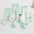 Five breathable cotton baby socks in mint green and white with cute bunny and carrot prints on a white background.