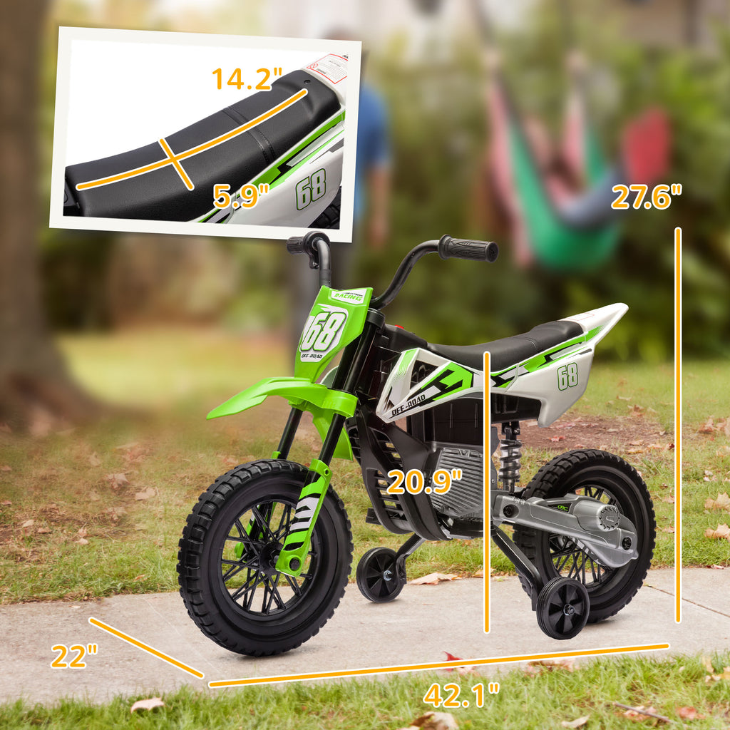 Green and white kids' 12V electric dirt bike with training wheels, black seat, and dimensions shown on a lawn.