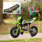 Green and white kids' 12V electric dirt bike with training wheels, black seat, and dimensions shown on a lawn.