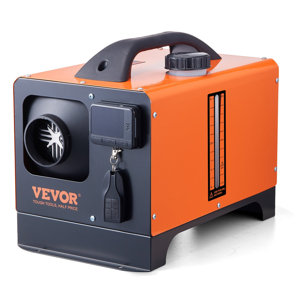 Orange and black VEVOR portable diesel air heater with an LCD display, fuel gauge, top handle, and remote control.