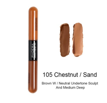 Phoeera double-ended concealer stick in Chestnut/Sand, showing two dark brown liquid swipes and product branding.