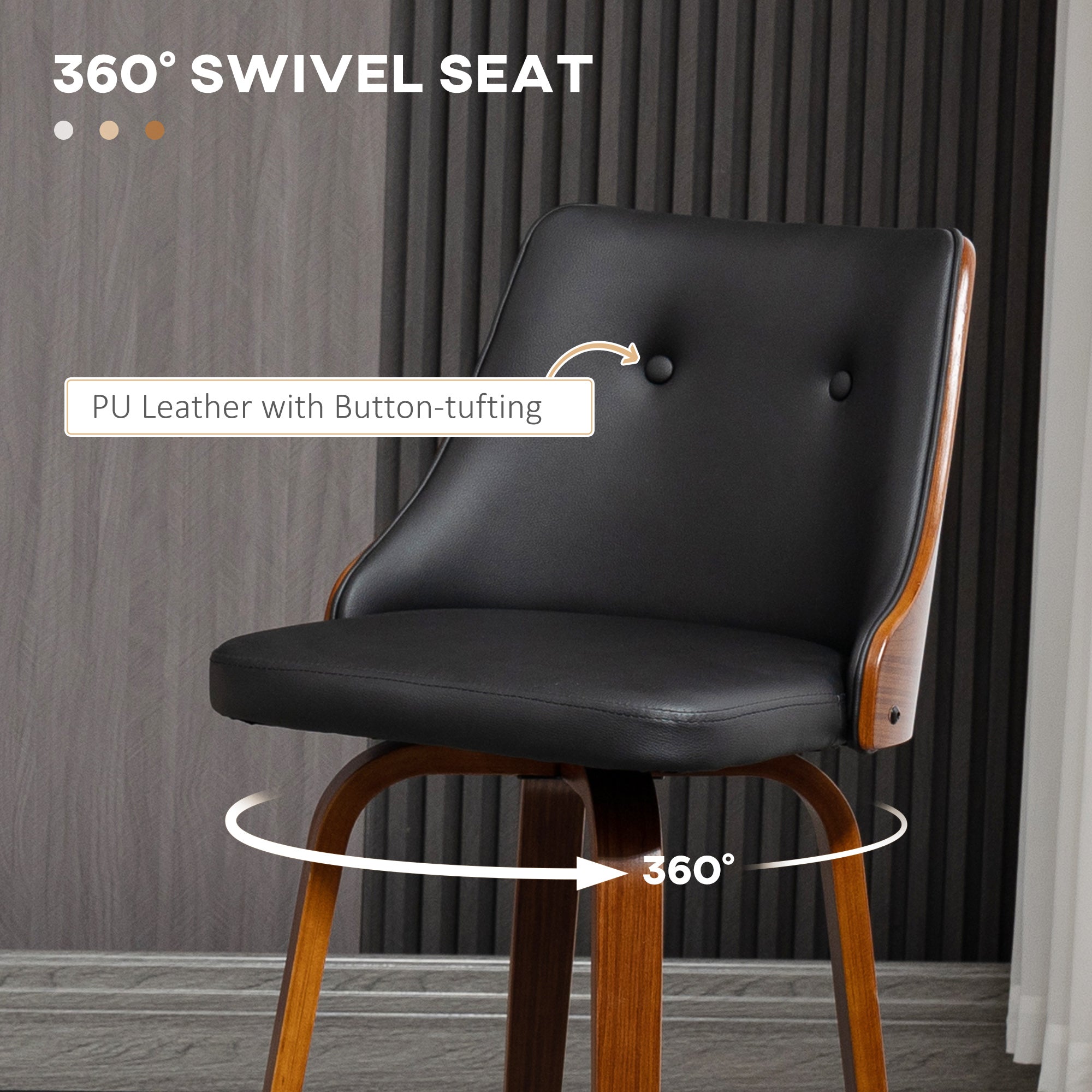 Black PU leather swivel bar stool with button-tufting and a wood-veneer frame.