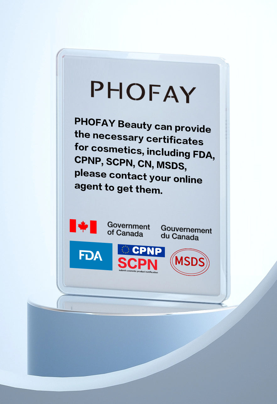 PHOFAY sign on pedestal displaying cosmetic certification information, including FDA, CPNP, SCPN, and MSDS logos.