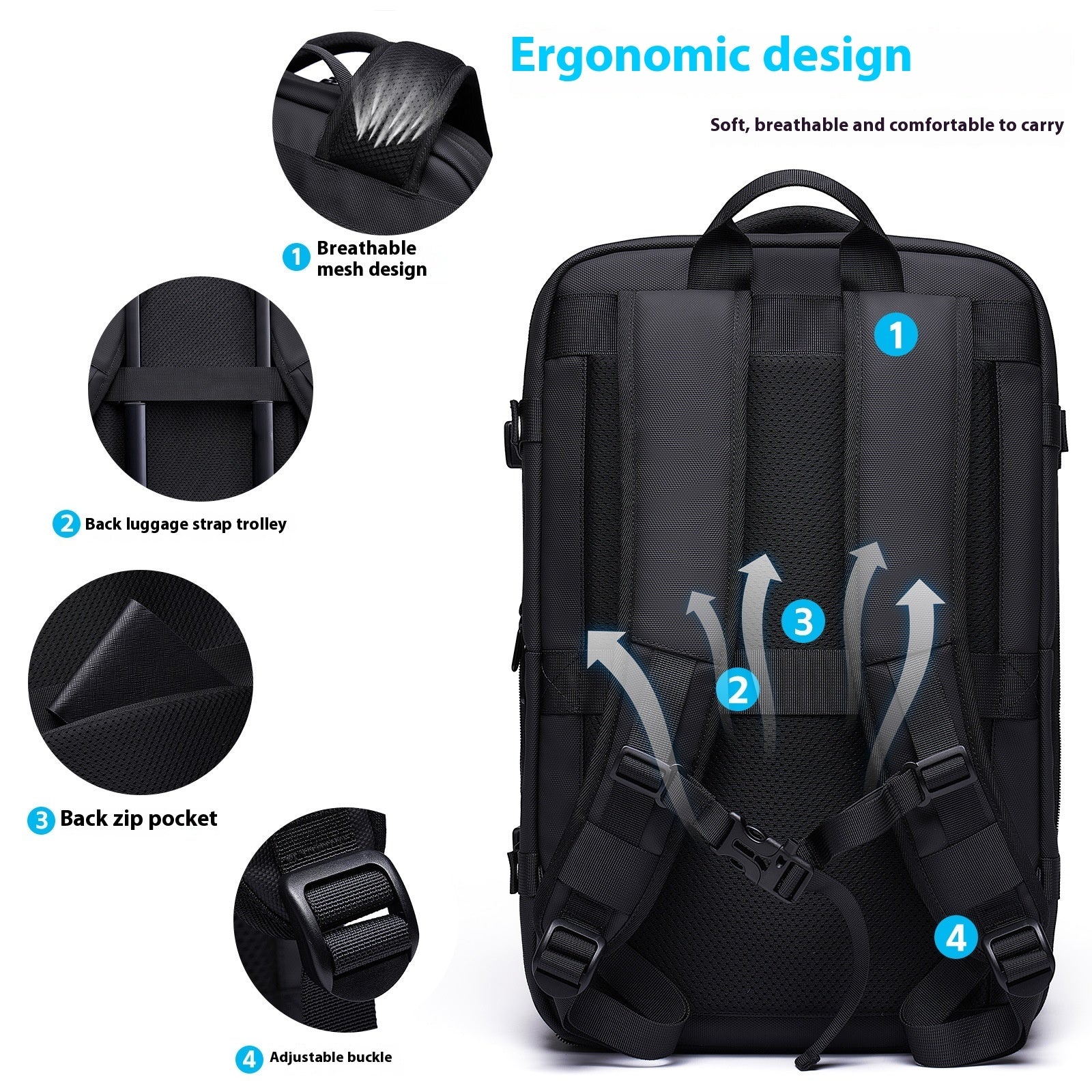 Black multifunctional vacuum compression backpack with breathable mesh, luggage strap, hidden pocket, and adjustable buckle.