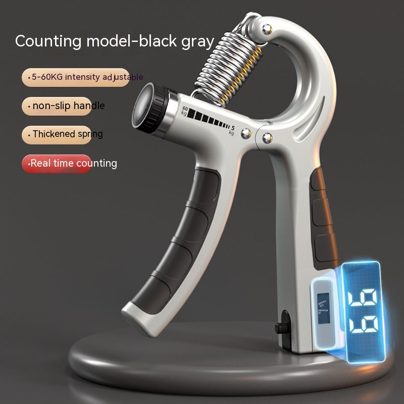 Adjustable 5-60kg hand grip trainer with a metallic spring, non-slip grey/black handles, and a digital counter display.