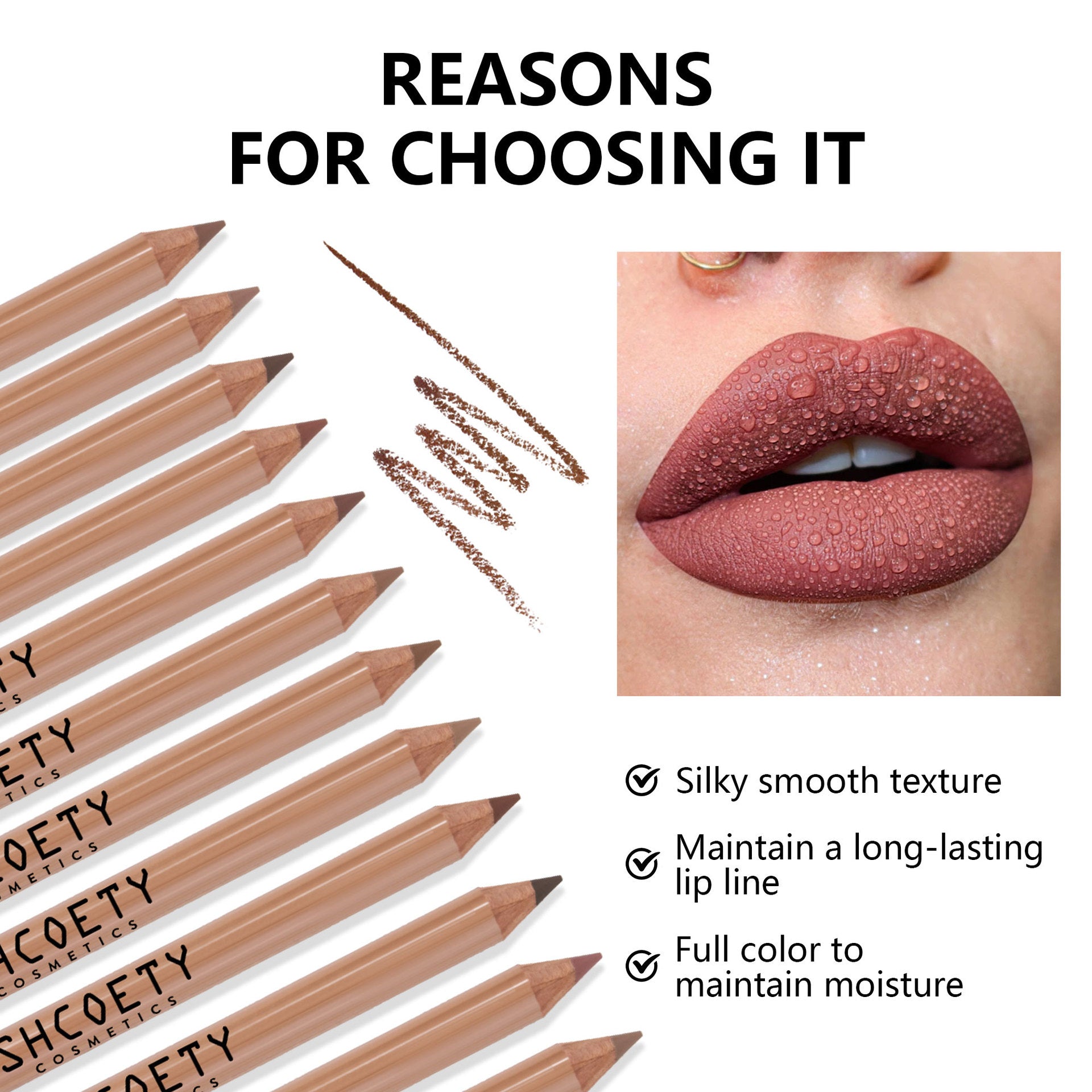 Nude matte lip liner set with long-lasting, moisturizing formula shown on lips with swatches and product pencils.