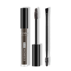 Liquid eyebrow cream tube, applicator wand, and double-ended brush with spoolie and angled tip in black and gray.