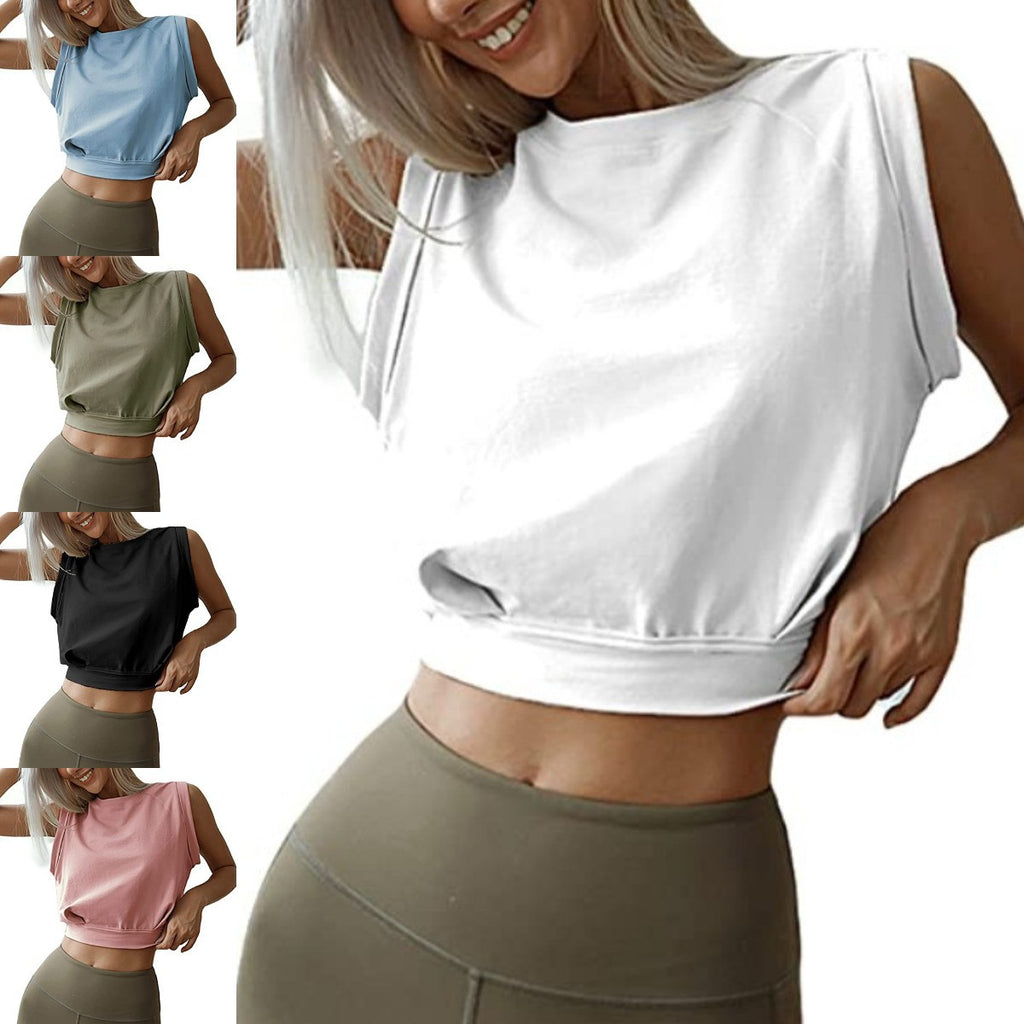 A sleeveless, loose-fit cropped athletic tank top available in white, blue, olive, black, and pink.