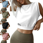 A sleeveless, loose-fit cropped athletic tank top available in white, blue, olive, black, and pink.