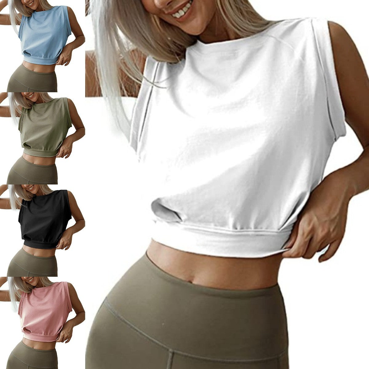 A sleeveless, loose-fit cropped athletic tank top available in white, blue, olive, black, and pink.