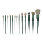 13-piece makeup brush set with sage green handles, dark ferrules, and soft synthetic bristles of varying sizes.