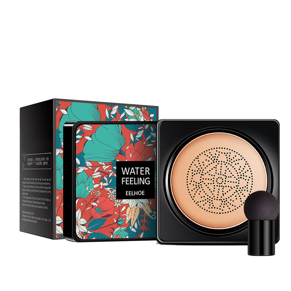 EELHOE BB cream cushion set with floral packaging, open black case, beige mesh foundation, and a mushroom applicator.