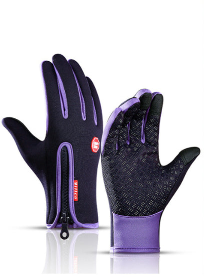 Black and purple waterproof winter gloves with a zippered wrist, textured palm grip, and touch-screen compatibility.