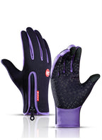 Black and purple waterproof winter gloves with a zippered wrist, textured palm grip, and touch-screen compatibility.