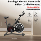 A black stationary exercise bike with red accents and a large wheel, shown with height and width dimension labels.