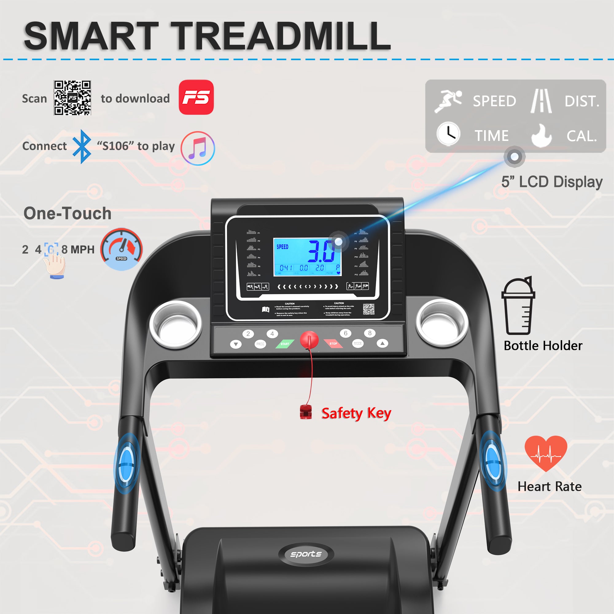 Black foldable treadmill console with 5" LCD screen, heart rate sensors, bottle holders, and safety key.