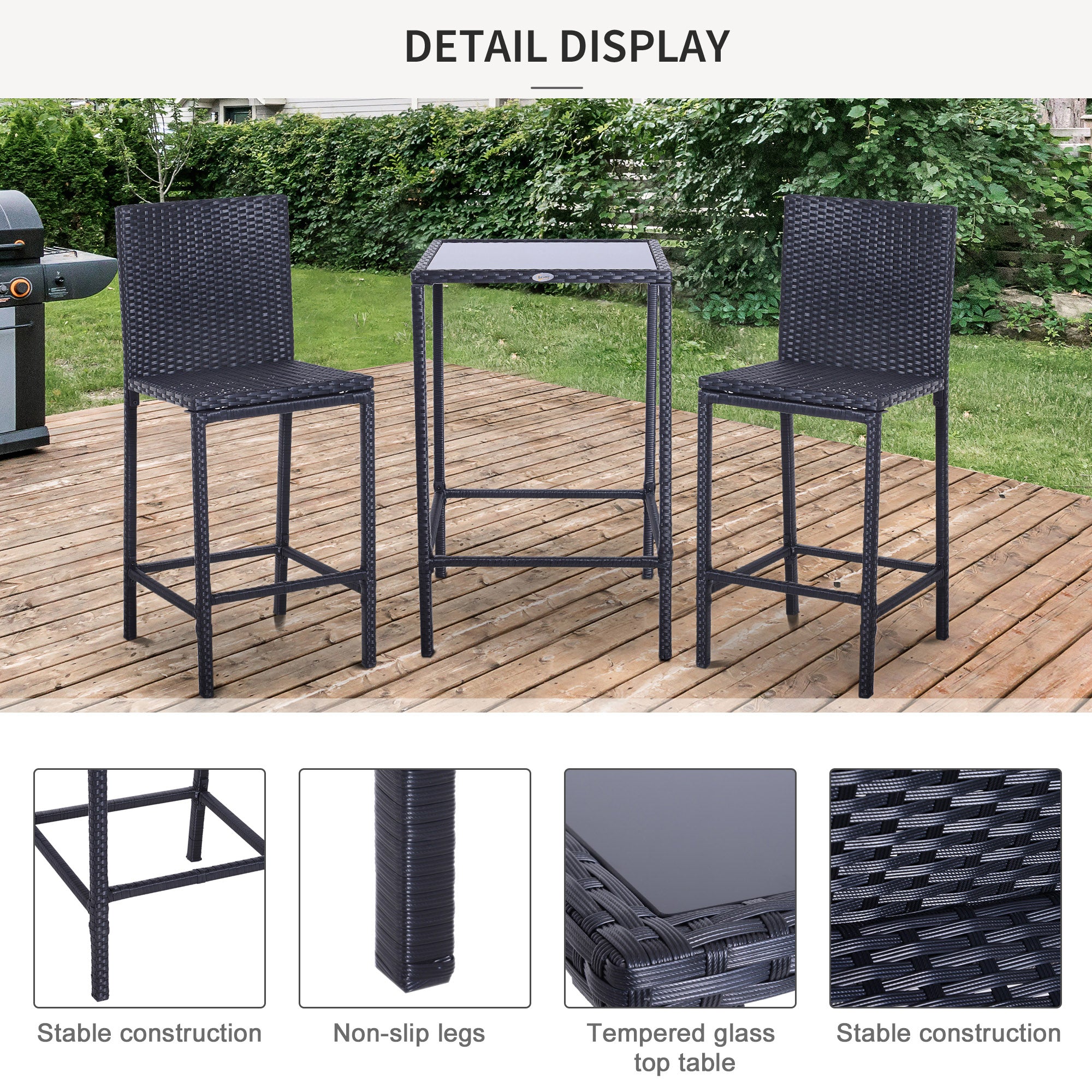 3-piece black woven rattan bar set featuring a square tempered glass top table and two matching high-back bar stools.