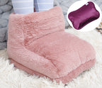 Plush, dusty pink faux fur foot warmer with a matching purple electric heating insert shown in a circular inset.