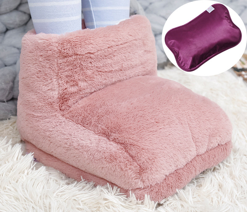 Plush, dusty pink faux fur foot warmer with a matching purple electric heating insert shown in a circular inset.