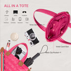 Rose pink quilted puffer tote bag shown with labeled interior pockets, zipper, and organized storage for accessories.