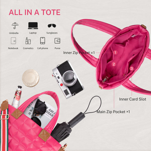Rose pink quilted puffer tote bag shown with labeled interior pockets, zipper, and organized storage for accessories.