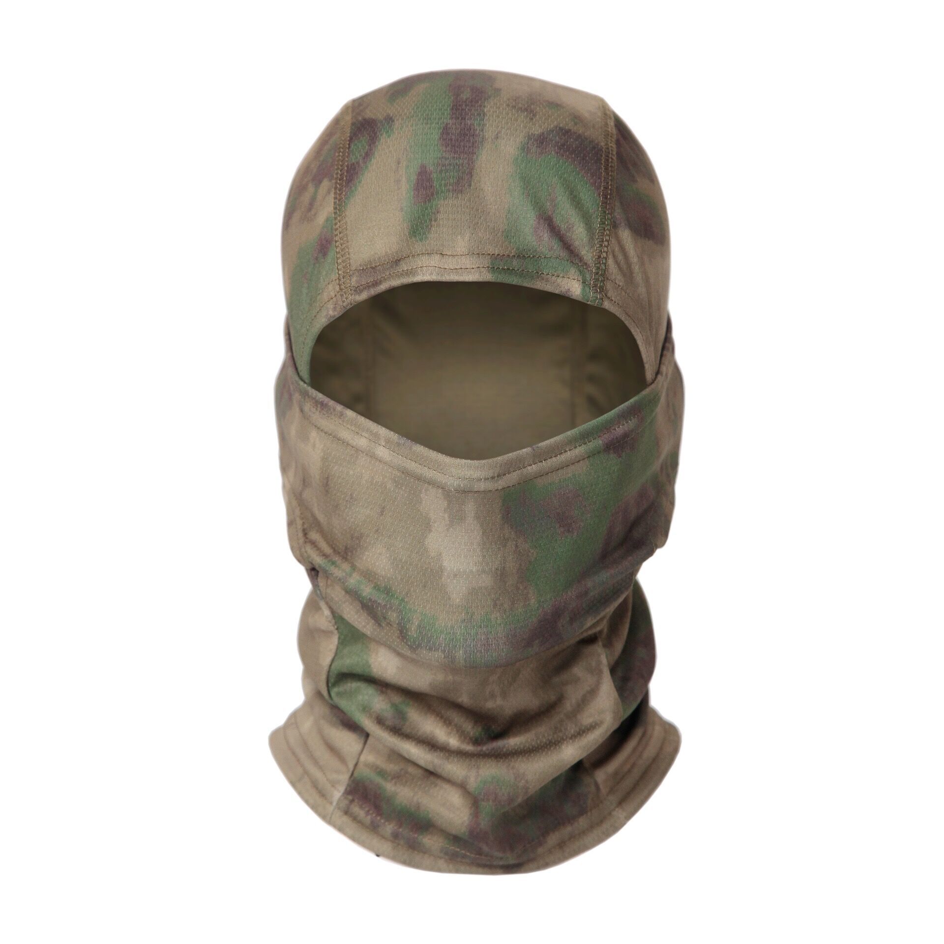 Tactical camouflage balaclava in green and brown, made of breathable, stretchy fabric, covering the head and neck.