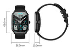Black smartwatch with silicone strap and full-screen display showing health and time data, plus dimensions provided.