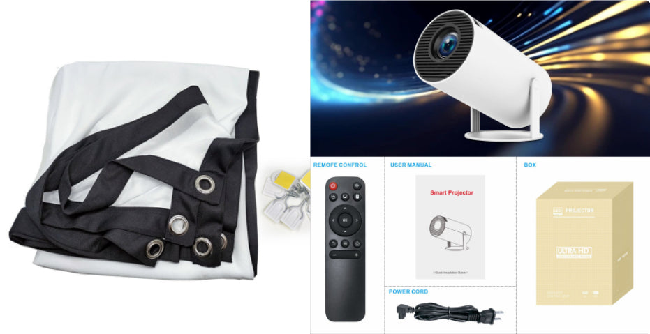 HY300 Pro projector kit including white/black screen, remote, manual, power cord, and beige retail packaging box.