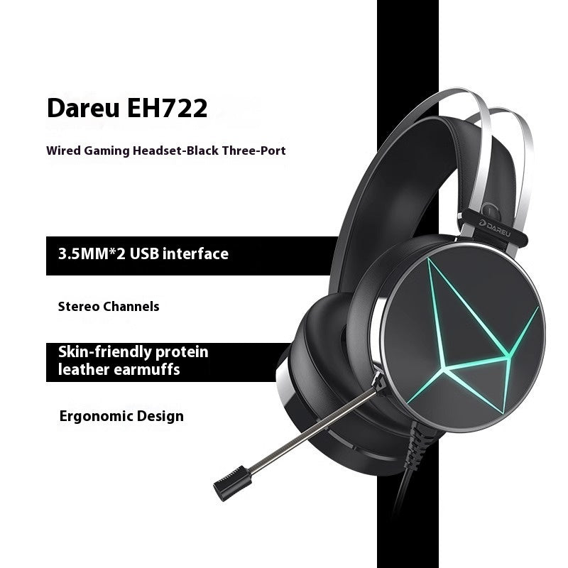 Black wired gaming headset with leather earmuffs, metal frame, and geometric glowing green LED accents on earcups.