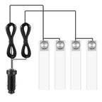 Four white LED car interior light bars connected to a black cigarette lighter plug with coiled black cables.