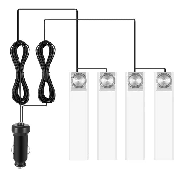 Four white car LED interior light bars connected by black cables to a car cigarette lighter adapter.