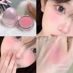 Egg-shaped pink cosmetic compact featuring rose-toned powder blush, shown as both a product and applied on skin.