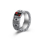 Silver-tone metal hip hop ring featuring etched playing card suits with inlaid black and red crystals.